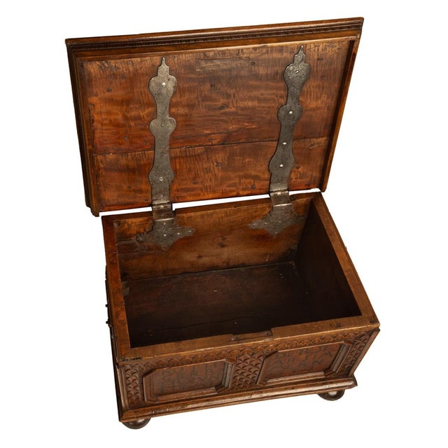 Antique Carved Walnut & Iron Coffer Chest Strong Guild Box Simmern Germany 1737 For Sale - Image 4 of 18