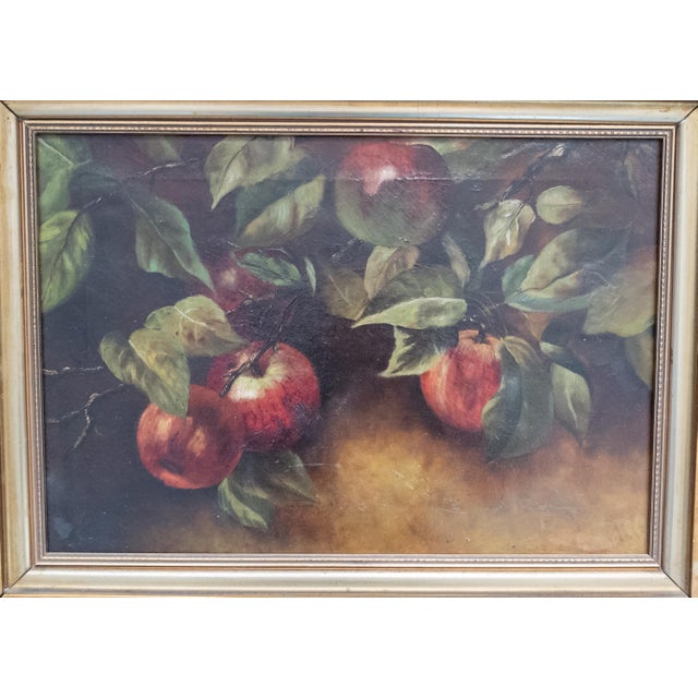 We are selling this attractive and well executed oil on canvas still life of apples. This painting has great Americana...