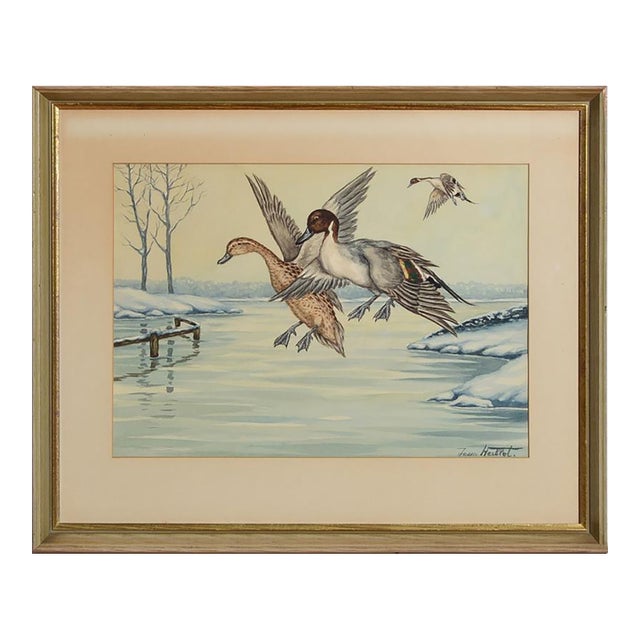 Mid 20th Century Ducks in Flight Watercolour by Jean Herblet (1893-1985) Ex- c.z. Guest Collection For Sale