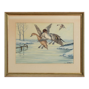 Mid 20th Century Ducks in Flight Watercolour by Jean Herblet (1893-1985) Ex- c.z. Guest Collection