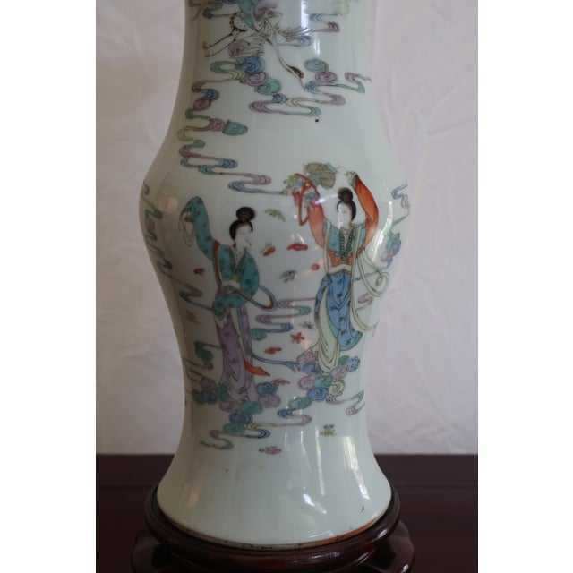 Vintage Chinese Celadon-Ground Famille Rose Celestial Figure Porcelain Table Lamp For Sale - Image 13 of 18