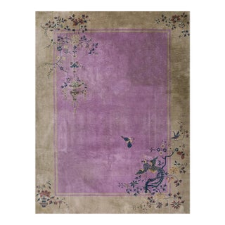 1920s Antique Purple Open Field Bird Chinese Art Deco Room Size Wool Knotted Rug For Sale