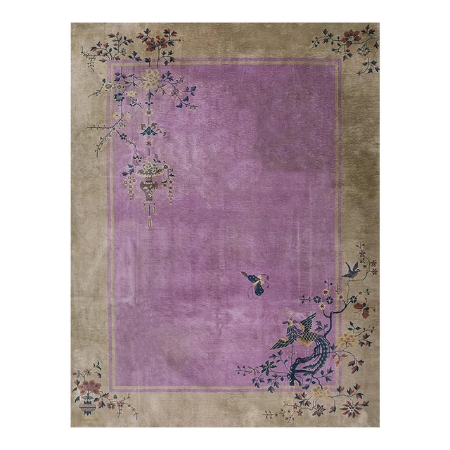 1920s Antique Purple Open Field Bird Chinese Art Deco Room Size Wool Knotted Rug For Sale