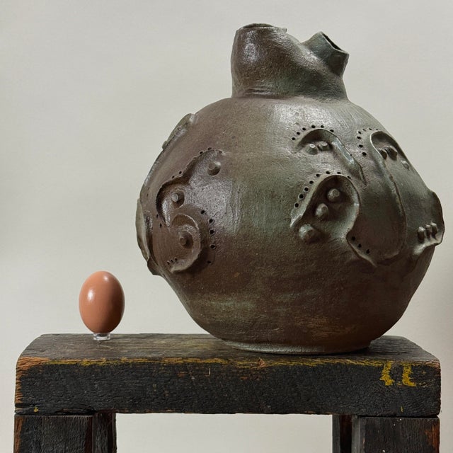 Vintage Monumental Modernist Sculptural Three-Spout Stoneware Vessel, Signed For Sale - Image 4 of 10