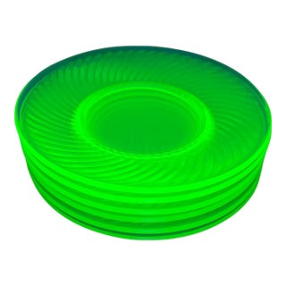 Transparent Green Uranium Glass Salad Plates Set of 6 Early 20th Century For Sale