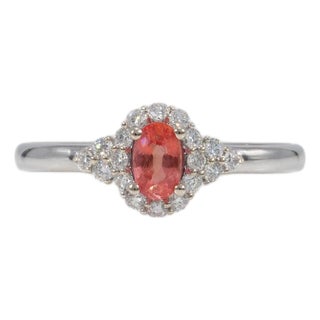 Aaa Padparadscha Sapphire Ring With Natural Diamonds Halo: Solid 14k Gold, 5x3mm, Size 6.75 For Sale