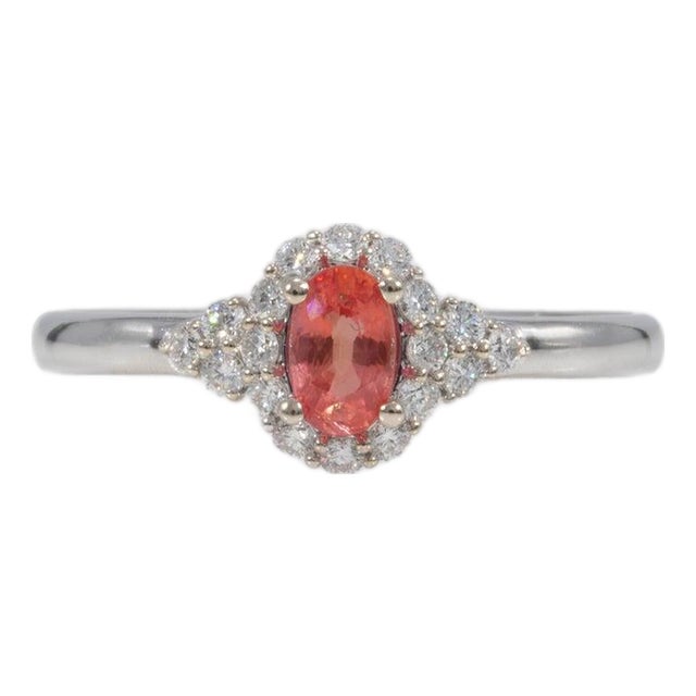 Aaa Padparadscha Sapphire Ring With Natural Diamonds Halo: Solid 14k Gold, 5x3mm, Size 6.75 For Sale