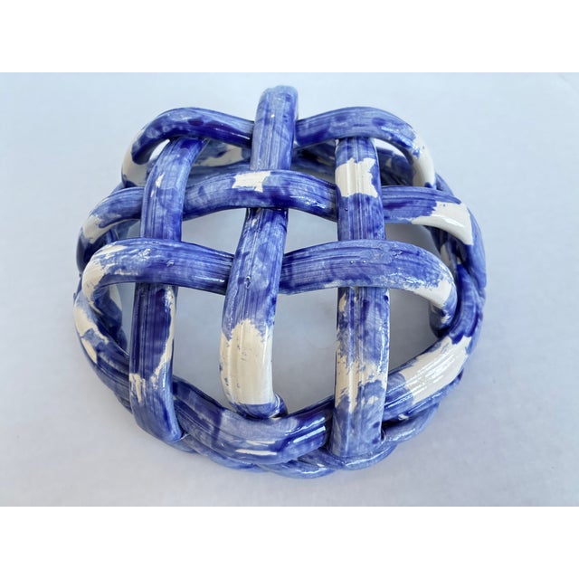 Blue Vintage Blue White Ceramic Pottery Basket Weave Bowl For Sale - Image 8 of 9