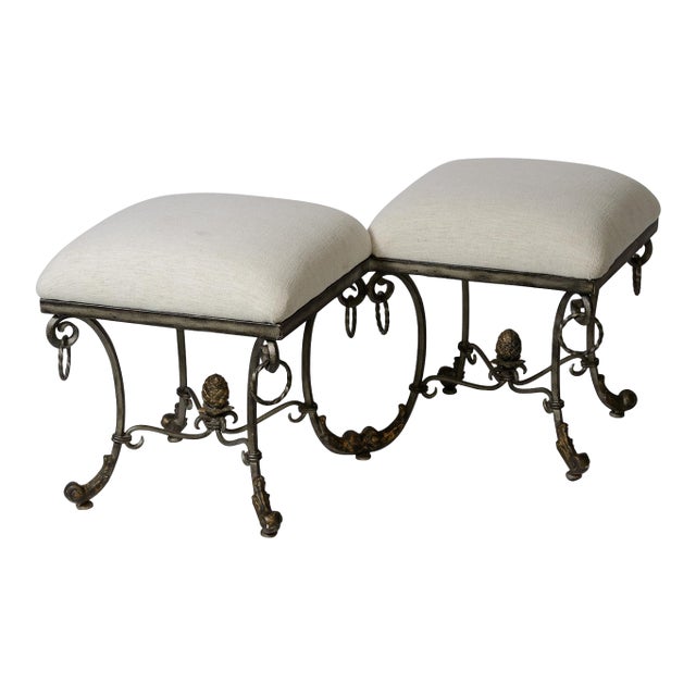 Convesation Wrought Iron Scrolled Base Double Stool For Sale