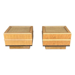 Pair of 1960s Scandinavian Modern Oak End Tables With Rattan Tops For Sale