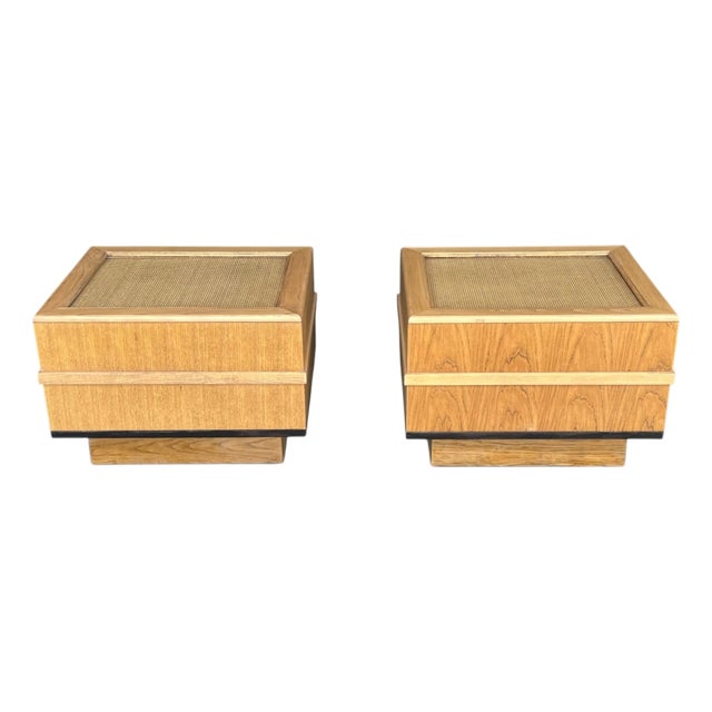 Pair of 1960s Scandinavian Modern Oak End Tables With Rattan Tops For Sale