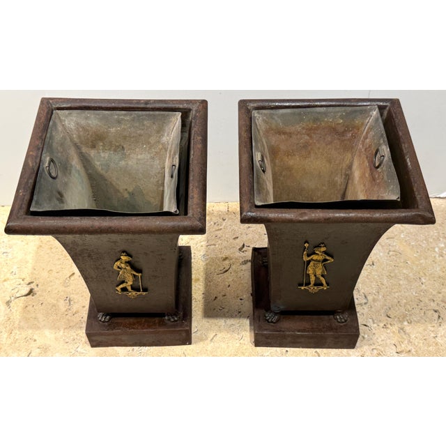 Early 19th Century Pair French Régence Ormolu & Tôle Planters with Classical Allegorical Figures For Sale - Image 5 of 9