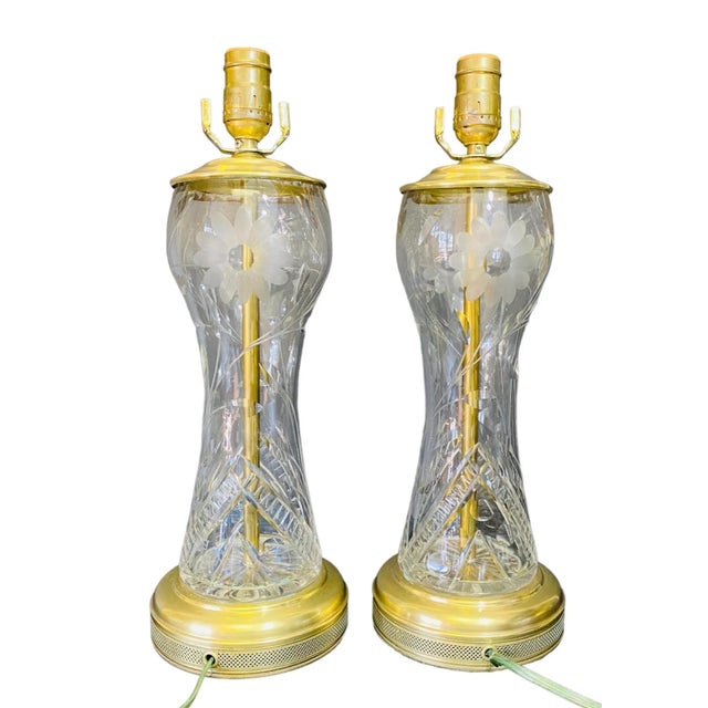 Mid-Century Brass and Crystal Lamps with Etched Flowers a Pair. Harps, finials and lampshades are not included.