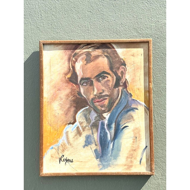 Mid 20th Century Vintage Boho Regone Pierokkis Portrait Oil on Canvas, Framed For Sale In West Palm - Image 6 of 9