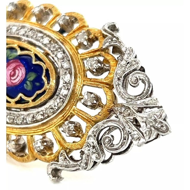 Gold Hand Painted Porcelain Floral 18k Gold & Silver Antique Pin Pendant For Sale - Image 8 of 10