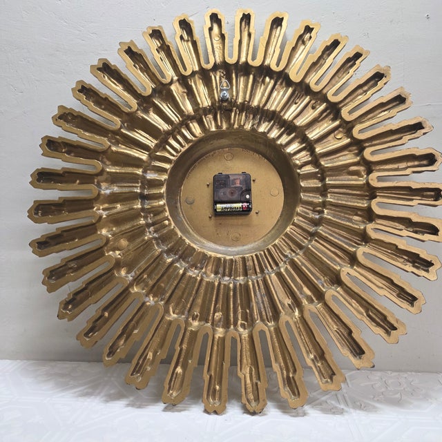 1960s Circa 1969 Syroco Sculptural Gold Starburst Wall Clock For Sale - Image 5 of 10