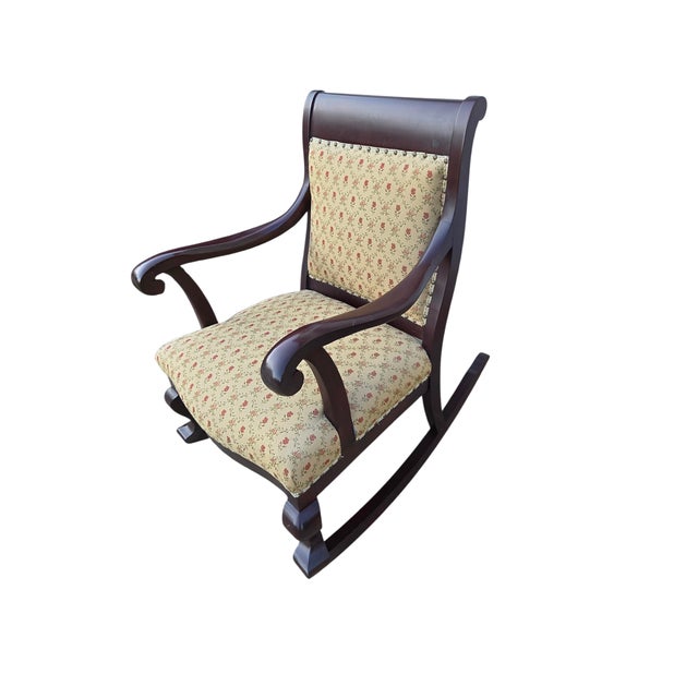 1920s Antique French Carved Empire Rocking Chair Armchair Mahogany Lounge Rocker For Sale - Image 5 of 13