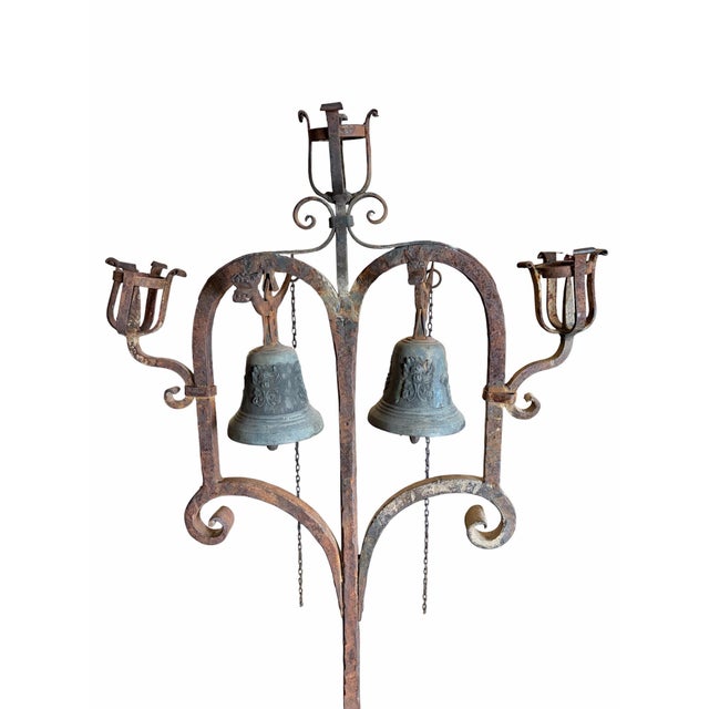 Gothic 18th Century Style Wrought Iron Standing Candelabra With Bronze Bells For Sale - Image 3 of 6