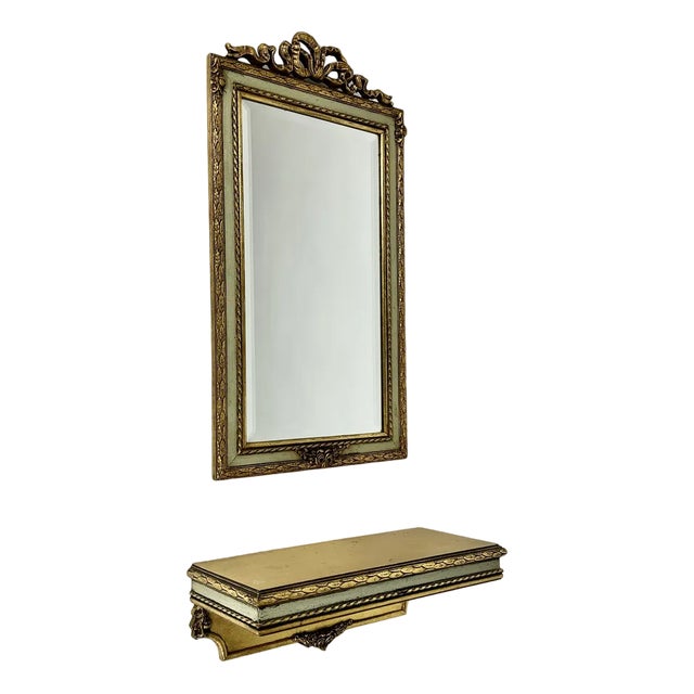 Vintage Gold Plated Wooden Mirror with Wall Console Belgium, 1960s, Set of 2 For Sale