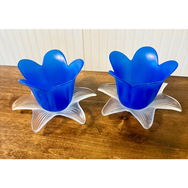 Contemporary 1970s Pair of Blue Tulip Glow Candle Holders Made in Italy For Sale - Image 3 of 12