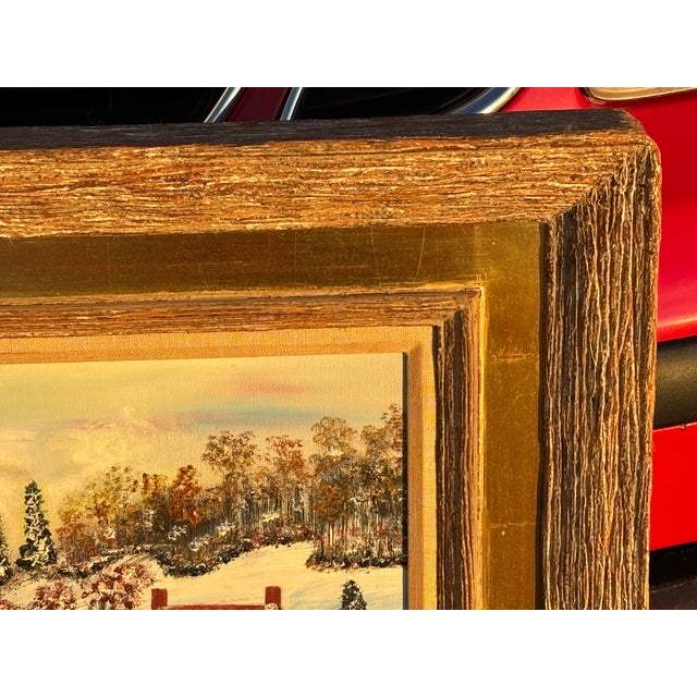 Wood A Romantic Day at the Pond - Early 20th C. Original Oil on Canvas Winter Skating Scene For Sale - Image 7 of 9