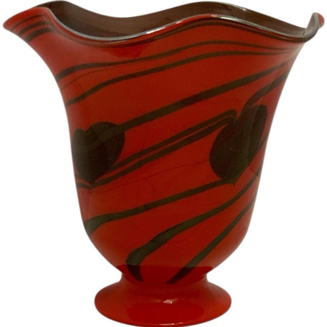 Art Nouveau Vintage Hand Blown Studio Art Cased Glass Heart & Vine Ruffled Applied Bottom Vessel C. 1970s For Sale - Image 3 of 7