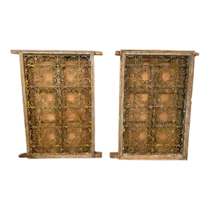 19th Century Moroccan Style Wood and Wrought Iron Grill Windows - a Pair
