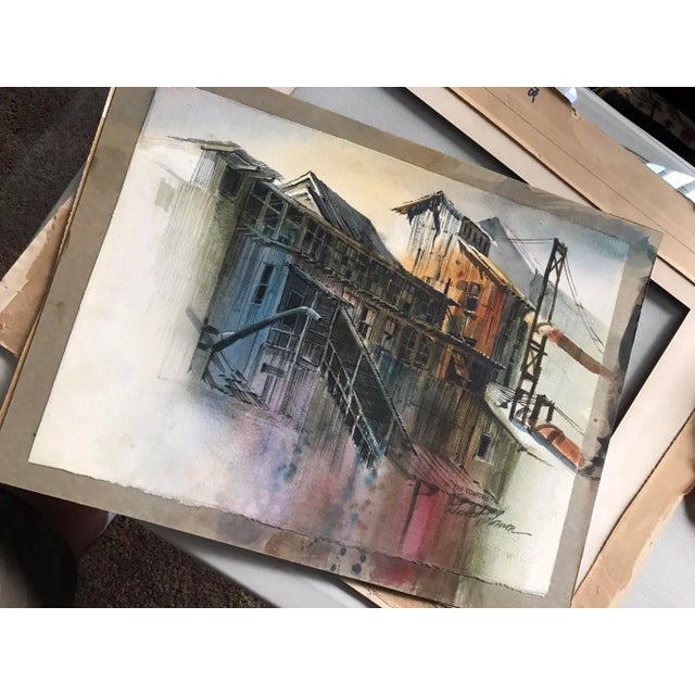 Blue 1970's Watercolor Painting by American Listed Artist David Solomon "Tin Towers" With Certificate of Authenticity For Sale - Image 8 of 10