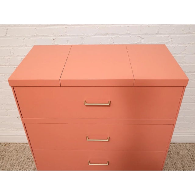 Wood Vintage Postmodern Burnt Orange Four-Drawer Highboy Dresser With Brass Hardware For Sale - Image 7 of 12