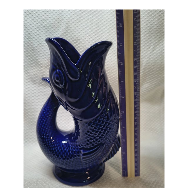 Vintage MCM Wade Ceramics Cobalt Blue Gluggle Jug Fish Pitcher Vase For Sale In Dallas - Image 6 of 7