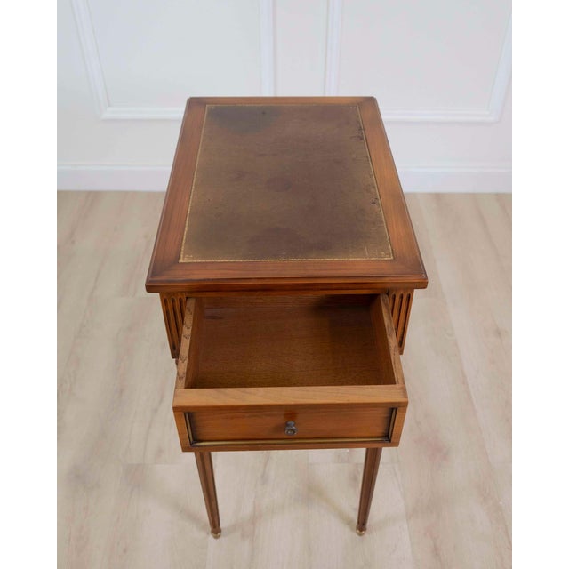 French French 20th Century Louis XVI Style Cherrywood Side Table with Leather Top For Sale - Image 3 of 12