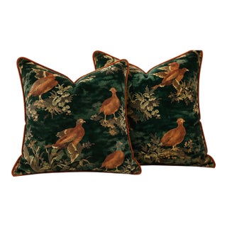 Game Show Emerald Designer Pillow Pair With Rust Cording – A 22" Pair For Sale