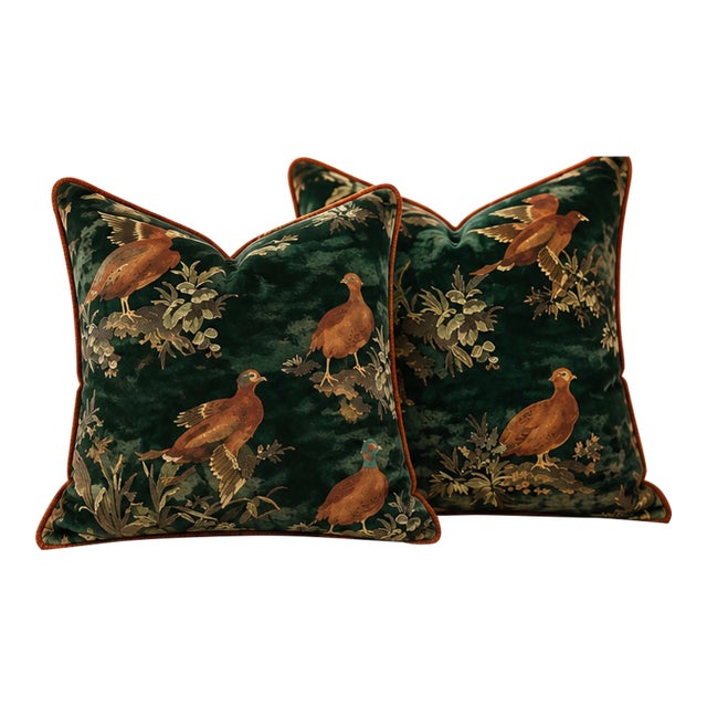 Game Show Emerald Designer Pillow Pair With Rust Cording – A 22" Pair For Sale