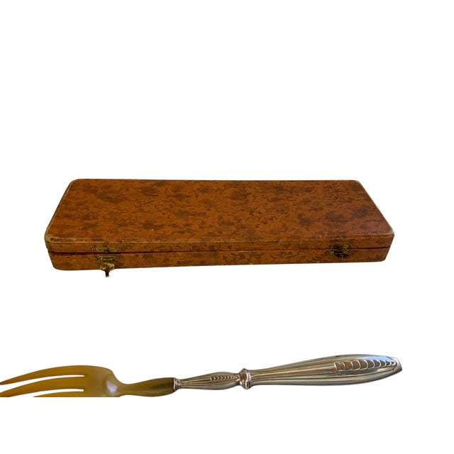 French Antique Boxed Silver and Horn Salad Serving Spoon and Fork Set For Sale - Image 4 of 4