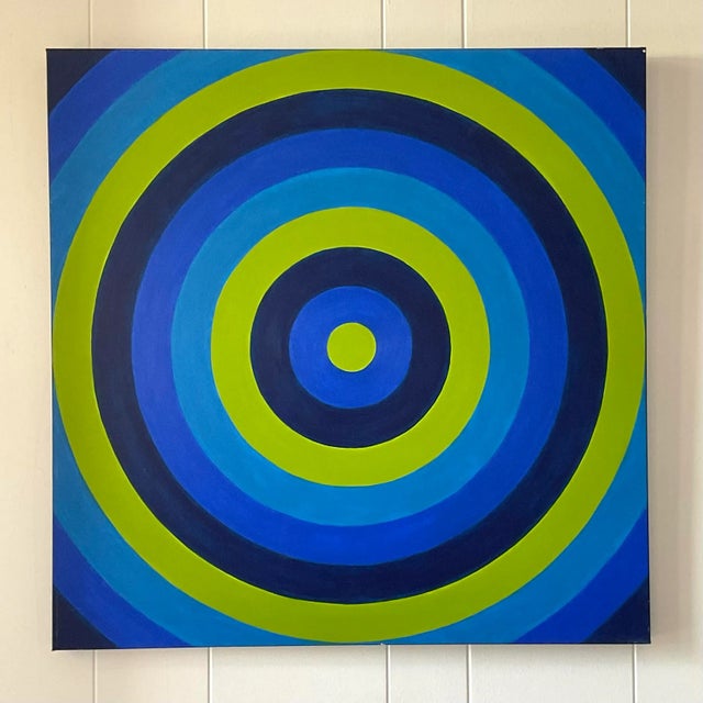 Boho Chic Vintage Signed Op Art Concentric Circles Oil Painting For Sale - Image 3 of 13