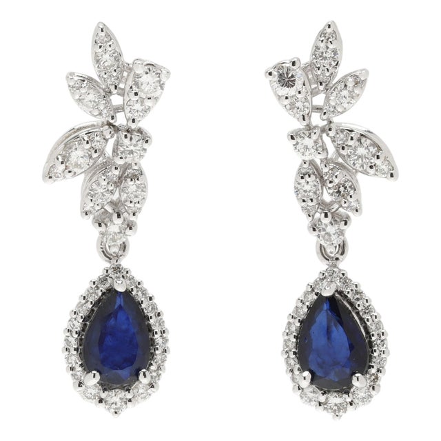 2.3ctw Sapphire & Diamond Dangle Earrings, 18k White Gold, Length 1 1/8 In. For Sale