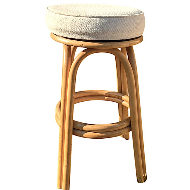 Rattan Double Strand Arched Barstool With Ivory Upholstered Plush Seat, Pair For Sale - Image 10 of 12