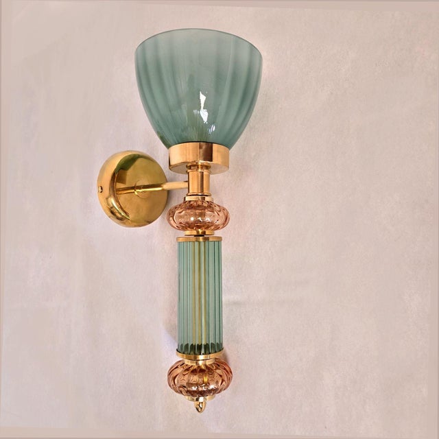 1990s Mid Century Modern Green and Amber Murano Glass Sconces - a Pair For Sale - Image 4 of 11
