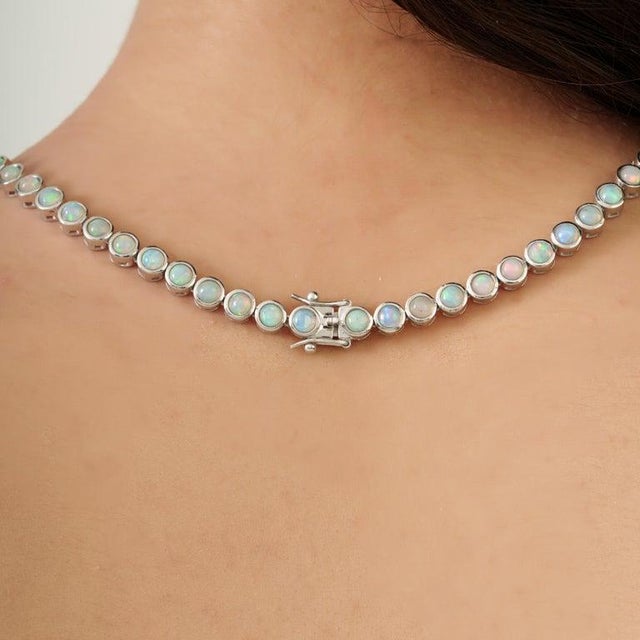 16 Inches Handmade Opal Gemstone Tennis Necklace in 925 Sterling Silver For Sale - Image 4 of 11