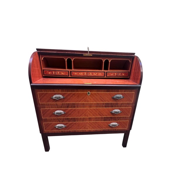 Mid 20th Century Swedish Roll-Top Secretary Desk Bookmatched Teak & Rosewood Attributed to Egon Ostergaard For Sale - Image 5 of 18