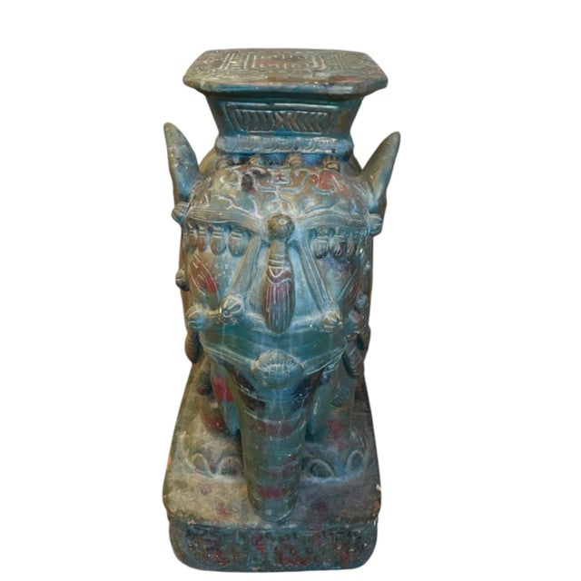 Majestic Vintage Distressed Ceramic Elephant Garden Seat For Sale - Image 4 of 12