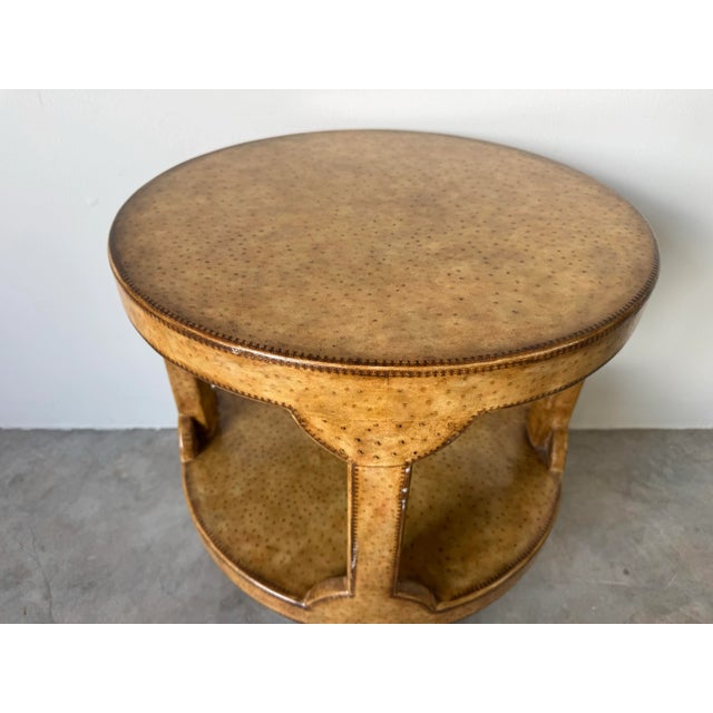 Brown Vintage Maitland-Smith Faux Ostrich Leather Round Two-Tier End Table/ Sold For Sale - Image 8 of 12