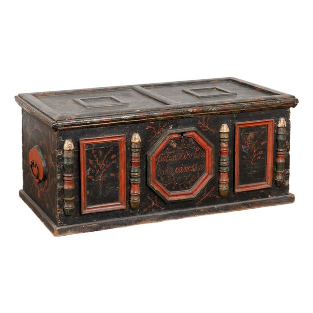 Original Hand Painted Flat Top Trunk Dated 1890 From Hungary For Sale