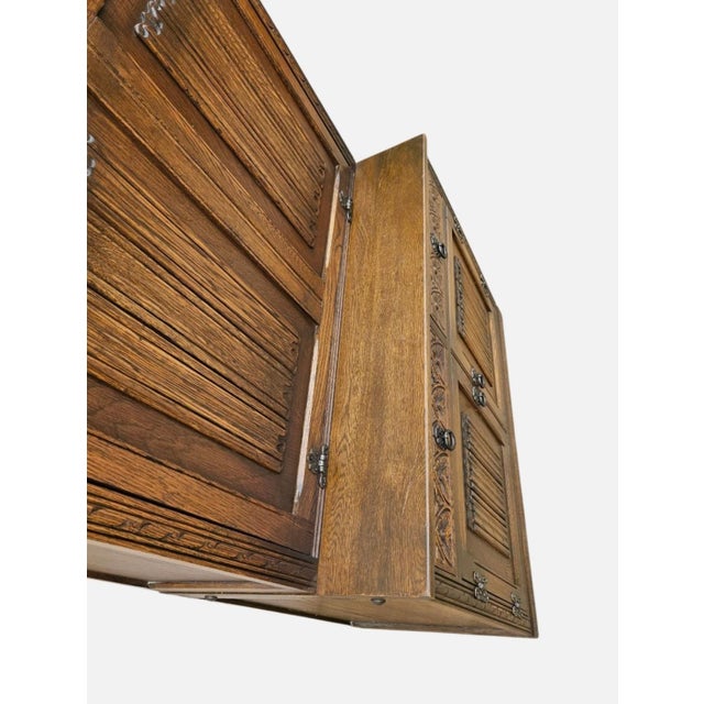 1980s Vintage Oak Wood Bros Desk Cabinet Tudor Shelf Hutch Bookshelf Old Charm Leather For Sale - Image 5 of 18