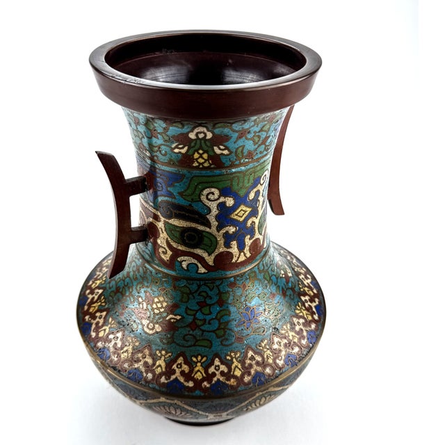 Extra Large Vintage Japanese Cloisonné Bronze Champleve 2 Handle Vase Urn For Sale - Image 9 of 12