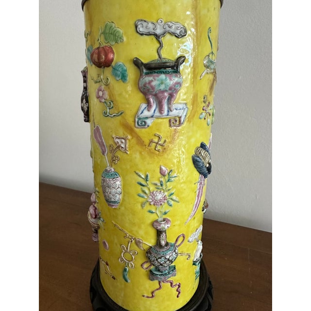 Antique Chinese Famille Rose Yellow Lamp Relief Decorated Vase For Sale - Image 9 of 18