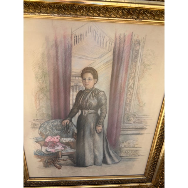 Large 32" Antique Edwardian Gilded Florentine Framed Full-Length Crayon Portrait An exceptional, large-scale antique...