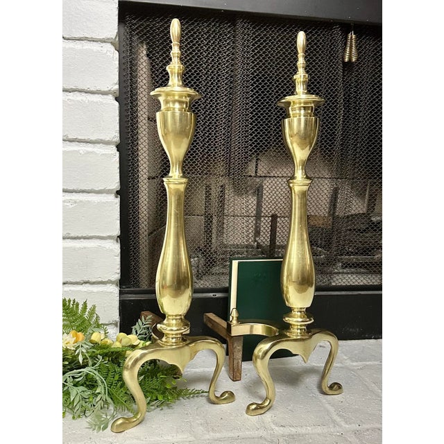 Metal Vintage Federal Styled Andirons Solid Brass Cast Iron Legs Fire Dogs - a Pair For Sale - Image 7 of 7