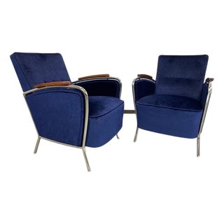 Blue Chrome Armchairs by Jozsef Peresztegi, 1950s, Set of 2 For Sale