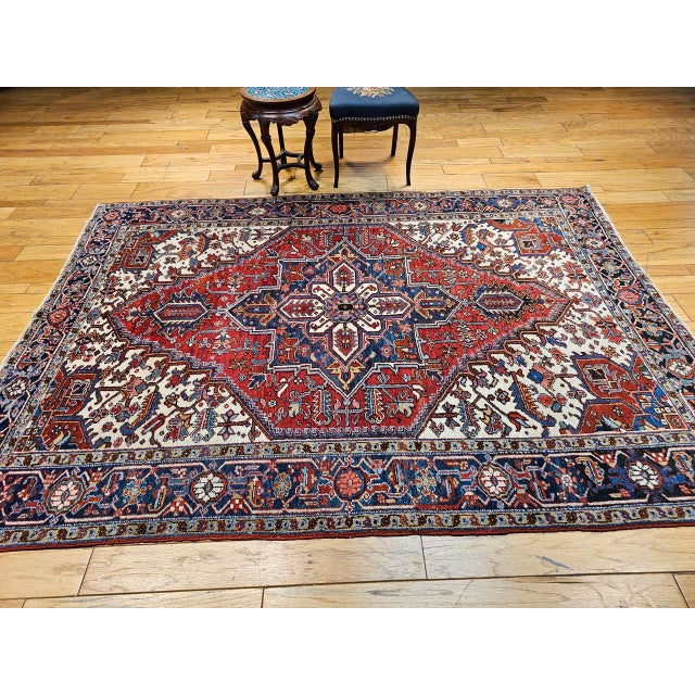 Early 20th Century Persian Heriz, Hand-Knotted Wool, Geometric Pattern, Vegetable Dyes, Red & Navy, 7x9 For Sale - Image 10 of 11